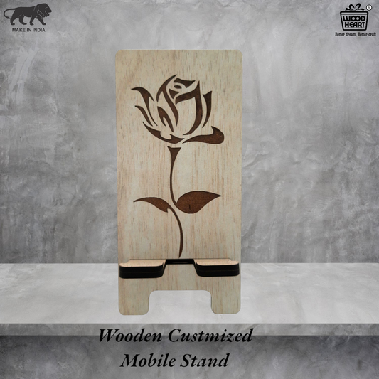 Elegant Rose Design Wooden Mobile Stand – Laser Engraved Floral Pattern