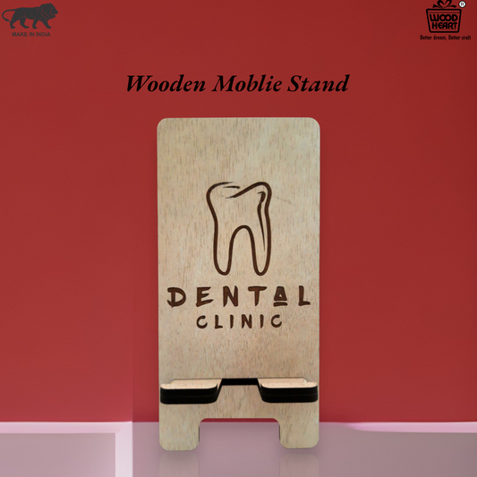 Wooden Mobile Stand with Dental Clinic Engraving – Tooth Design Holder