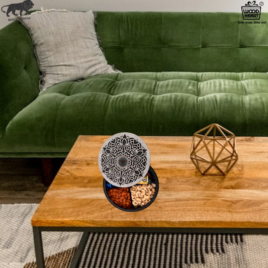 Round MDF Wooden Dry Fruit Box with Floral Laser-Cut Lid