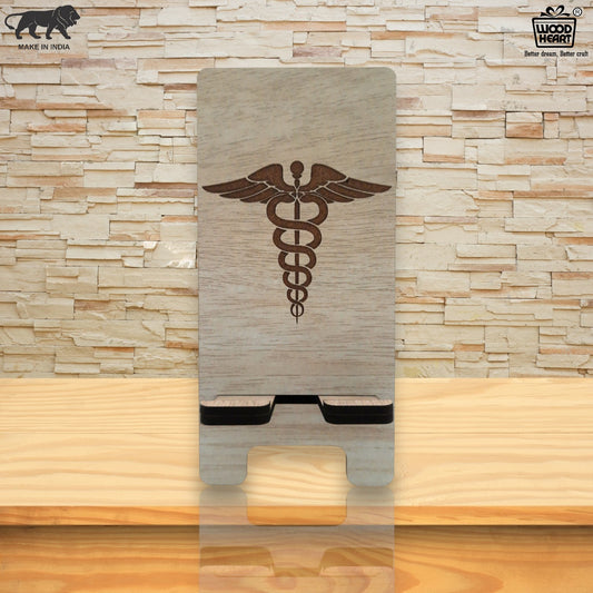 Wooden Mobile Stand with Medical Symbol Engraving | Doctor's Desk Phone Holder