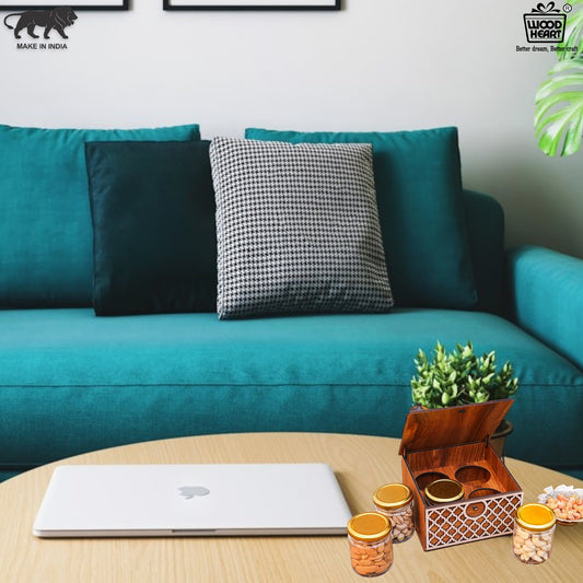 Wooden Spice Jar Box with Lid – 3 Jar Container with Decorative Front Panel