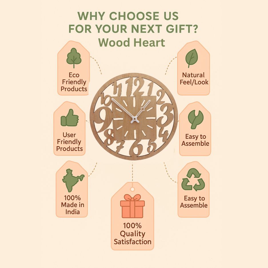 Wooden Designer Wall Clock with Oversized Cut-Out Numbers & Square Dial