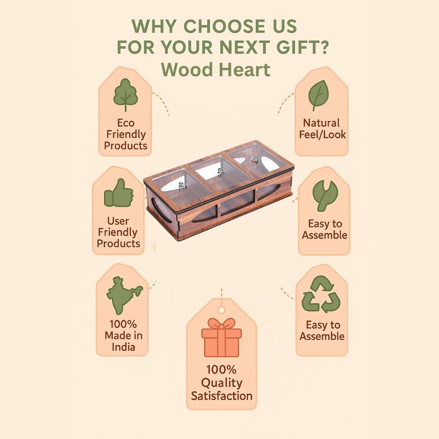 Wooden Dry Fruit Box with 3 Acrylic Compartments – Elegant MDF Storage Organizer