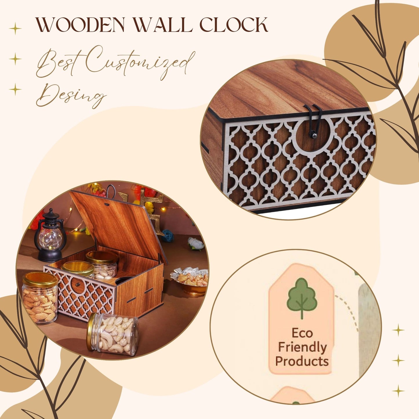 Wooden Spice Jar Box with Lid – 3 Jar Container with Decorative Front Panel