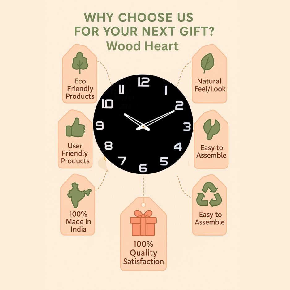 Wood Heart Classic Black Round Wall Clock – Bold & Minimalistic Look