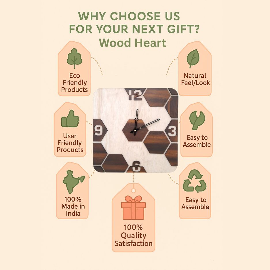 Square Dual-Tone Hexa Design Wooden Wall Clock – Light & Dark Wood Finish by Wood Heart