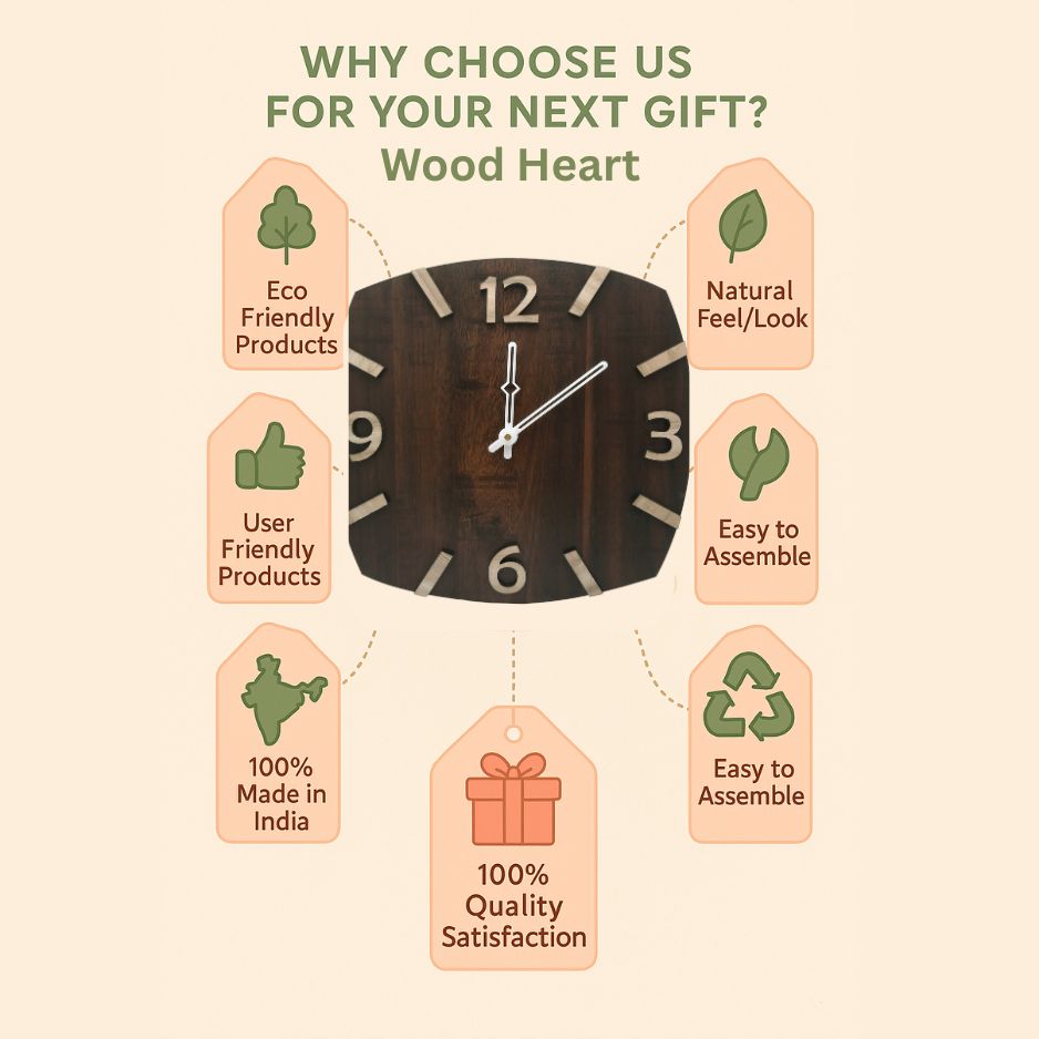 Curved Square Wooden Wall Clock with 3D Numerals