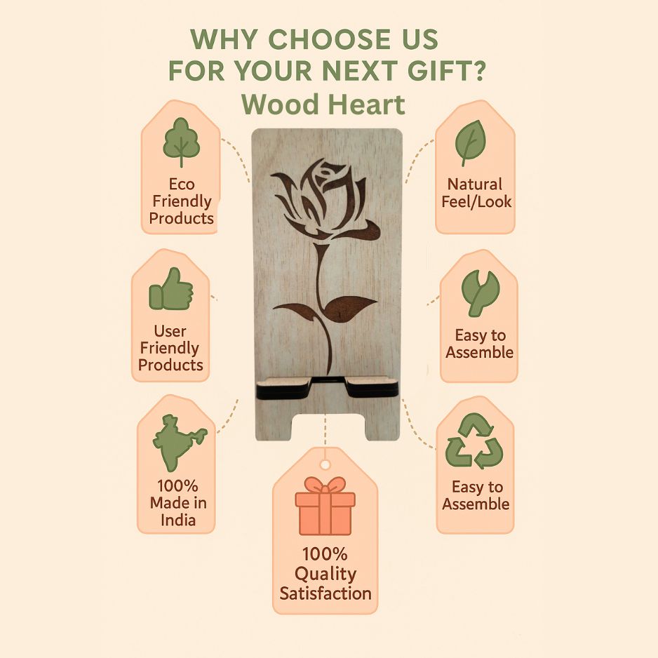 Elegant Rose Design Wooden Mobile Stand – Laser Engraved Floral Pattern