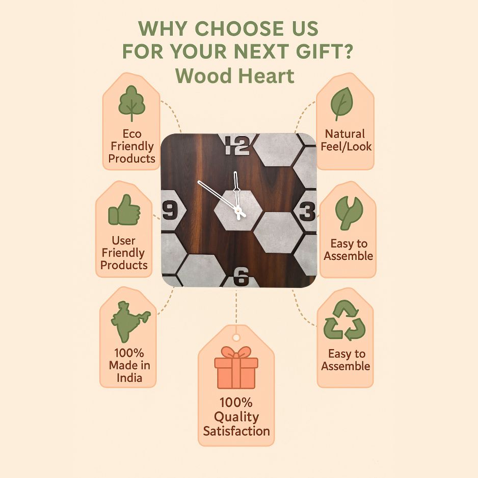 Square Hexa Pattern Wooden Wall Clock – Cement Texture Design by Wood Heart