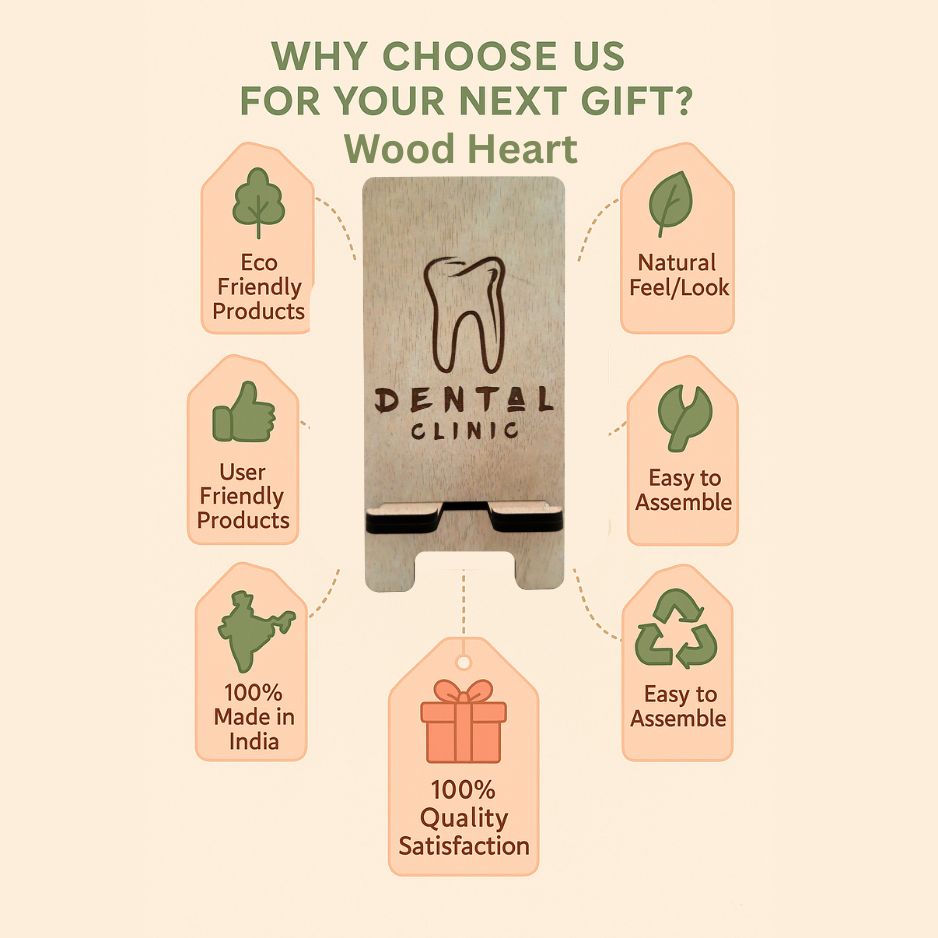 Wooden Mobile Stand with Dental Clinic Engraving – Tooth Design Holder