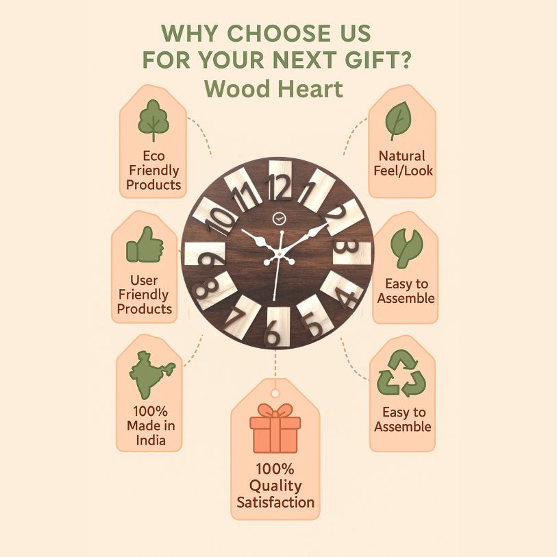 Wood Heart Premium Block Number Wall Clock – Dual Tone Wooden Finish