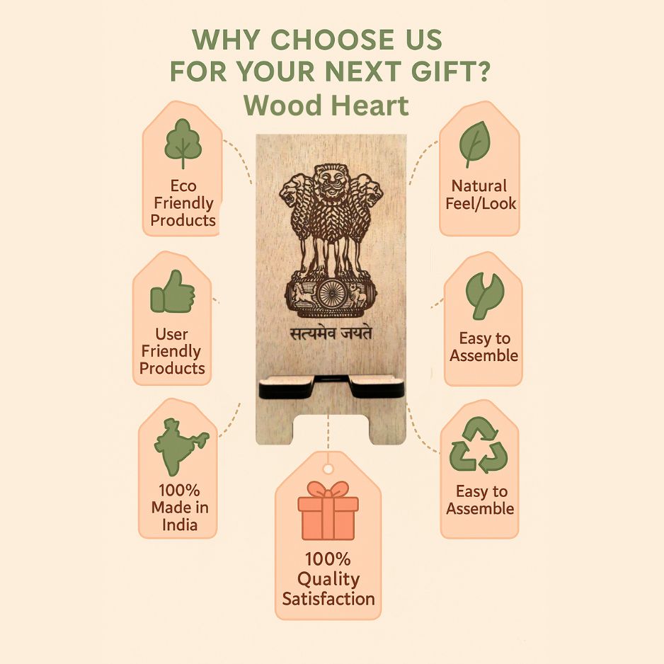 Wooden Mobile Stand with Ashoka Pillar Laser Engraving – Satyamev Jayate Design