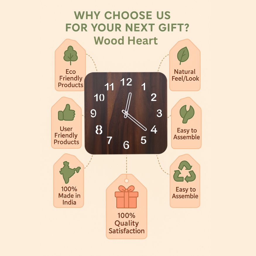 Wood Heart Premium Square Wooden Wall Clock – Elegant Dark Walnut Finish