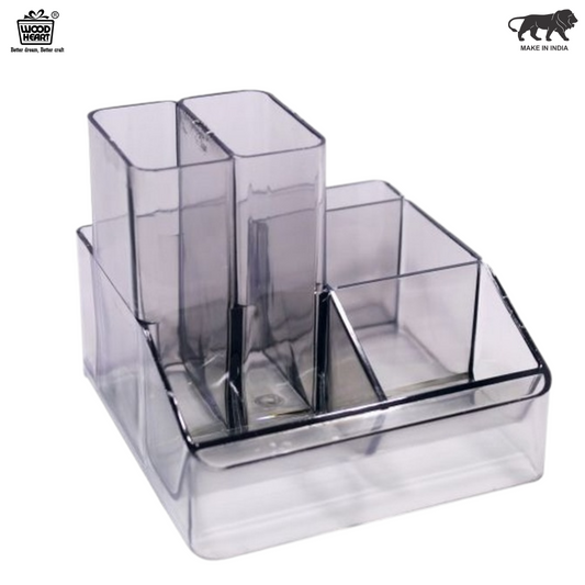 Transparent Multi-Compartment Plastic Pen Stand