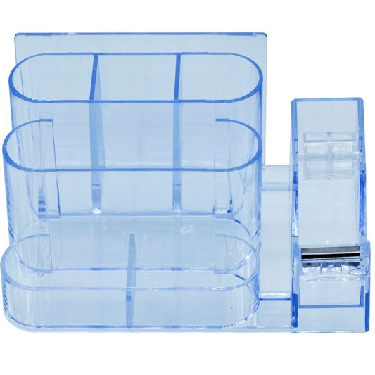 Multi-Compartment Transparent Desk Organizer with Tape Dispenser
