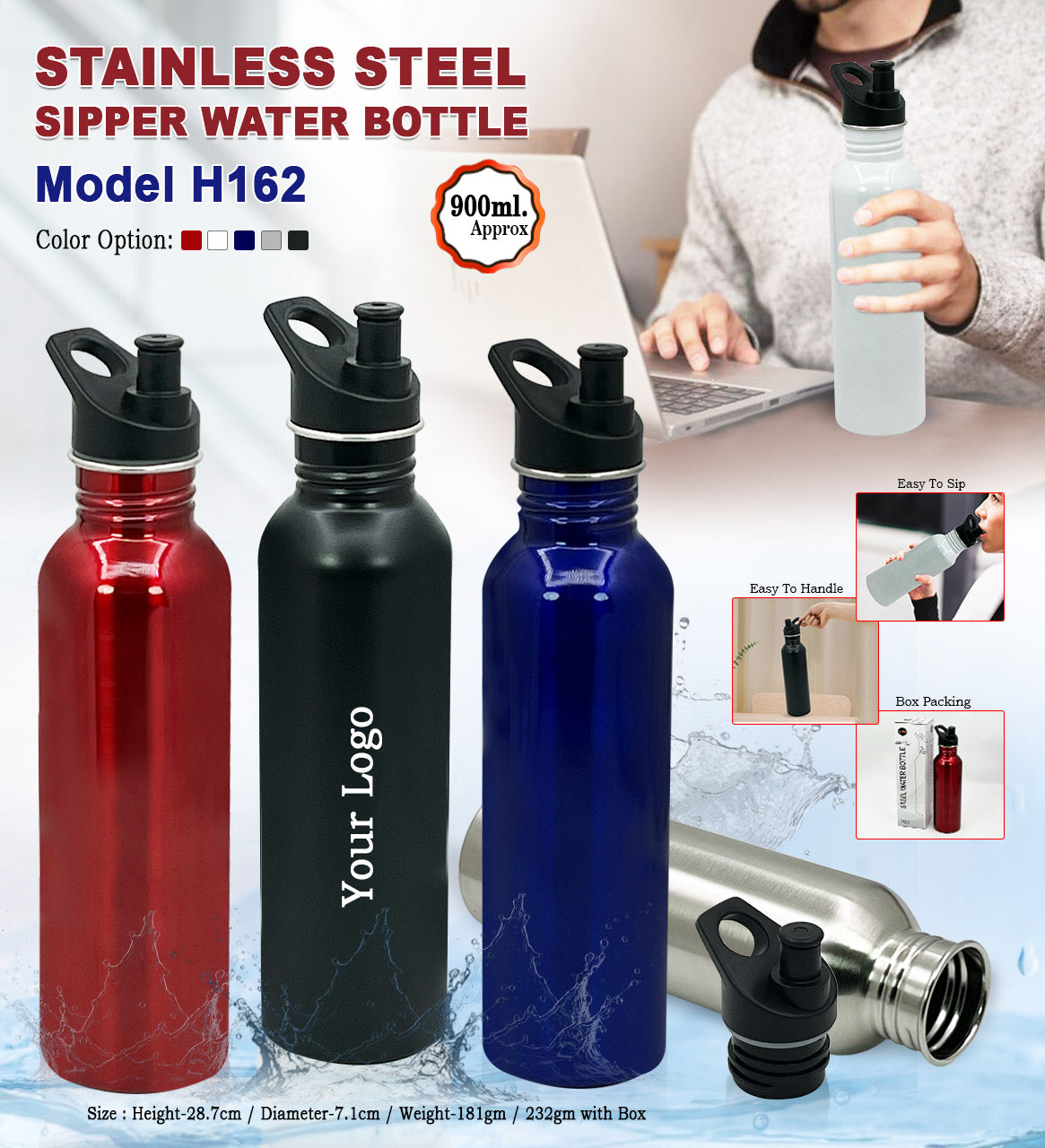 Stainless Steel Sipper Water Bottle – 900ml