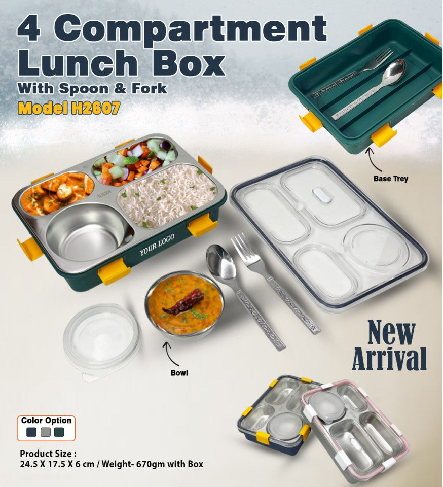 4 Compartment Lunch Box with Spoon & Fork