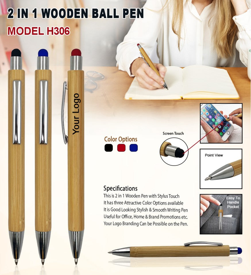 EcoTouch™ 2-in-1 Wooden Ball Pen with Stylus
