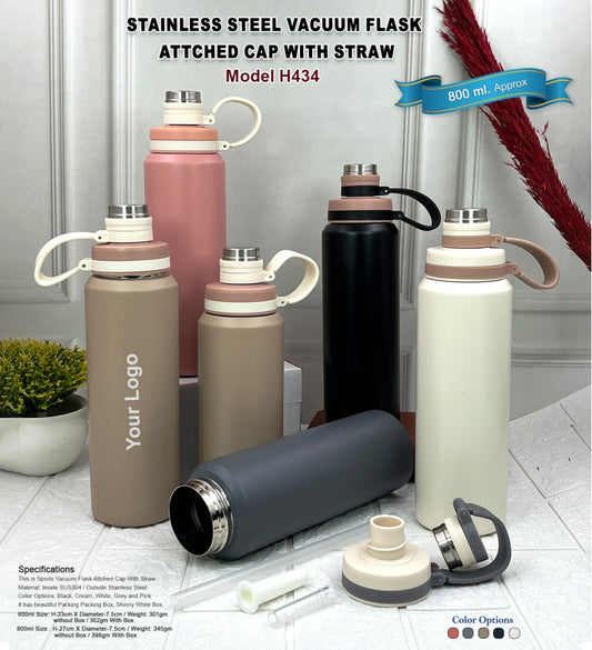 Stainless Steel Vacuum Flask with Attached Cap & Straw – 800ml