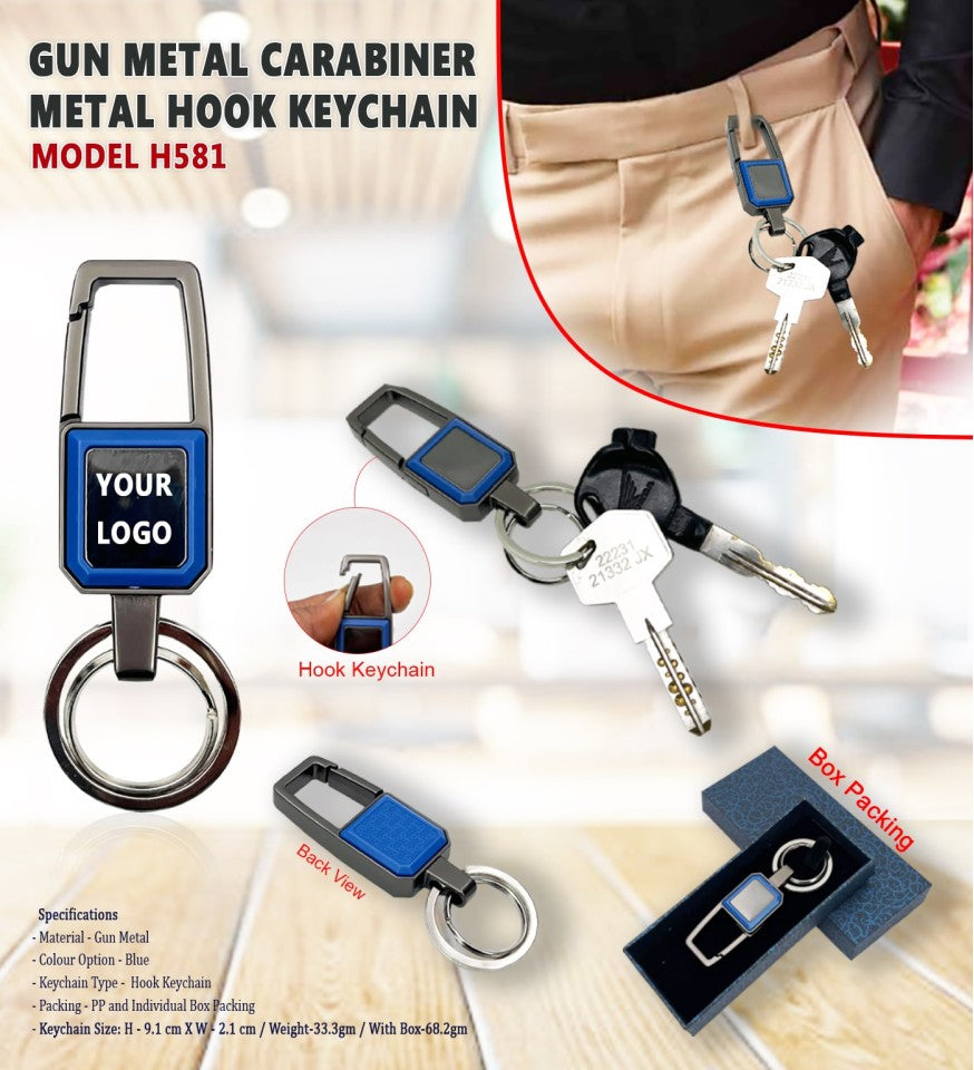 Gun Metal Carabiner Hook Keychain with Blue Accent