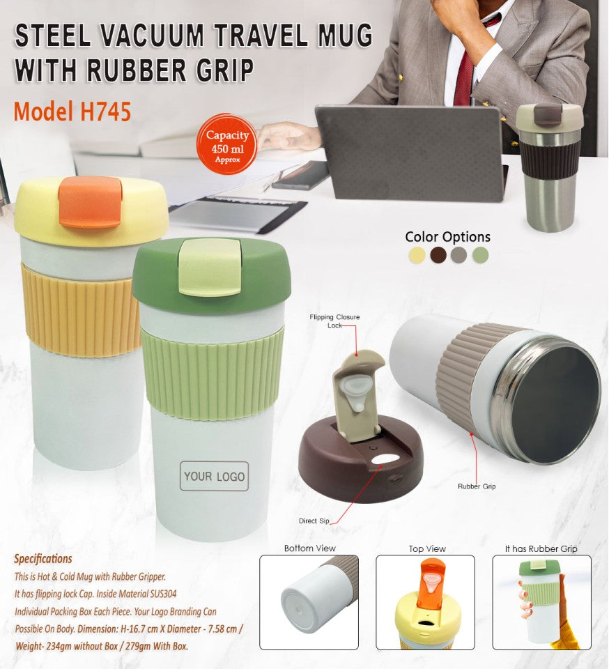 Steel Vacuum Travel Mug with Rubber Grip – 450ml