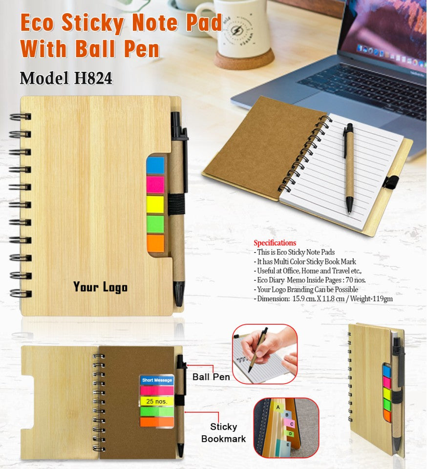 Compact Eco Spiral Notepad with Pen & Sticky Bookmarks