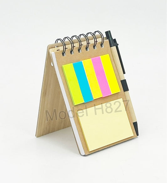 Spiral Hard Wood Cover Eco Sticky Notepad with Ball Pen