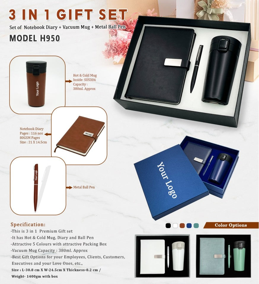 3 in 1 Premium Gift Set Notebook Diary, Vacuum Mug And Metal Ball Pen