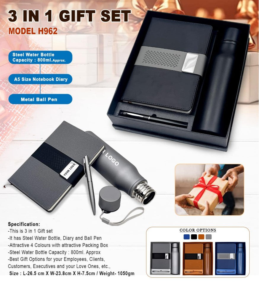 Executive Elite 3-in-1 Gift Set – Steel Water Bottle, A5 Diary and Metal Pen