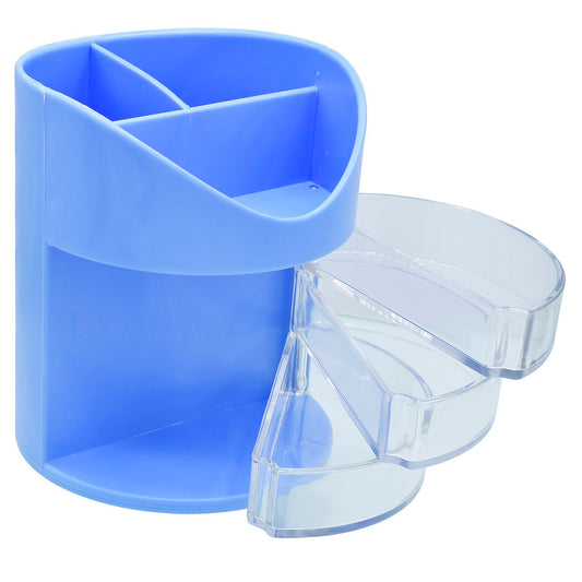 Blue Multi-Compartment Rotating Desk Organizer with Transparent Drawers