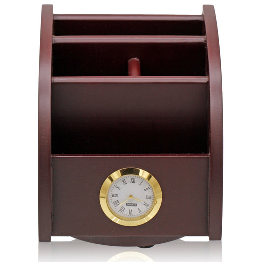Regal Mahogany Wooden Desk Organizer with Clock