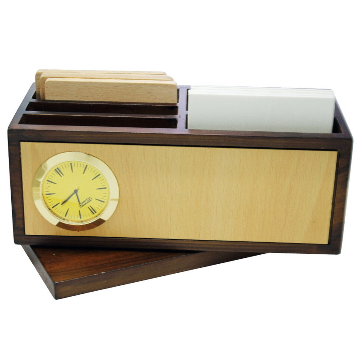 Dual-Tone Wooden Desk Organizer with Clock