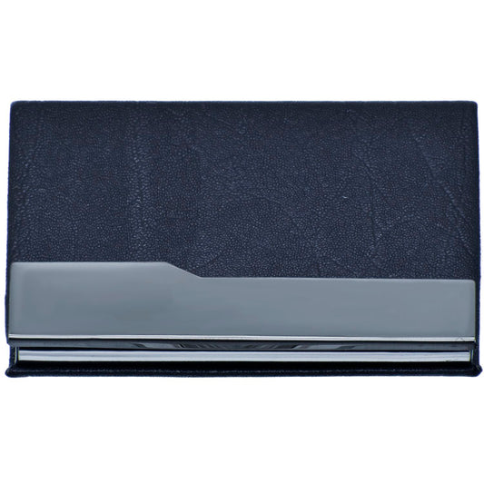 Navy Blue Leatherette Card Holder with V-Cut Chrome Accent