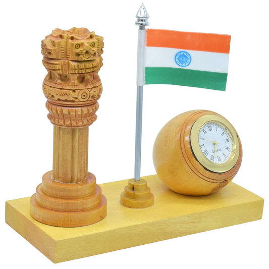 Wooden Ashoka Pillar with Indian Flag & Clock – Tabletop Patriotic Combo