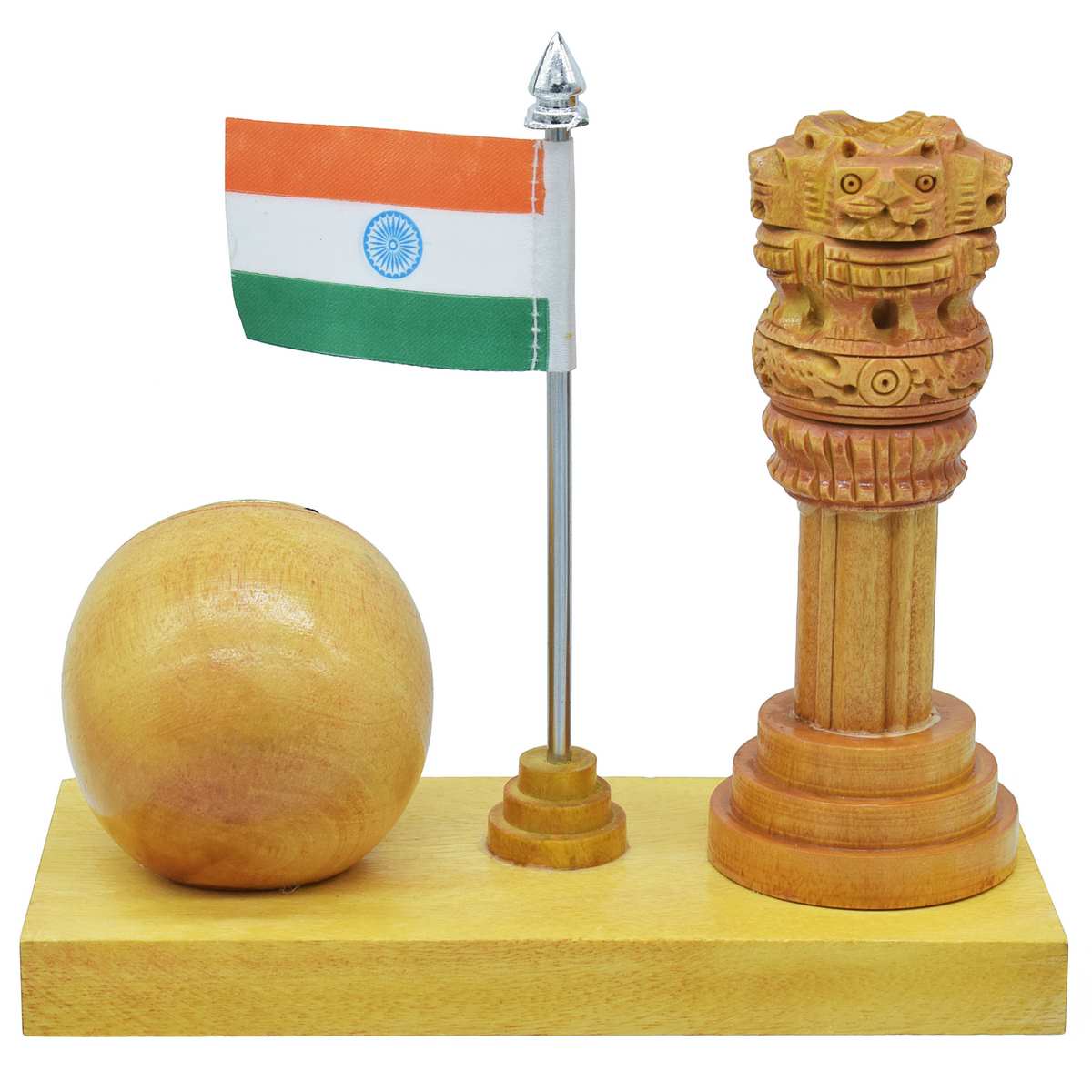 Wooden Ashoka Pillar with Indian Flag & Clock – Tabletop Patriotic Combo