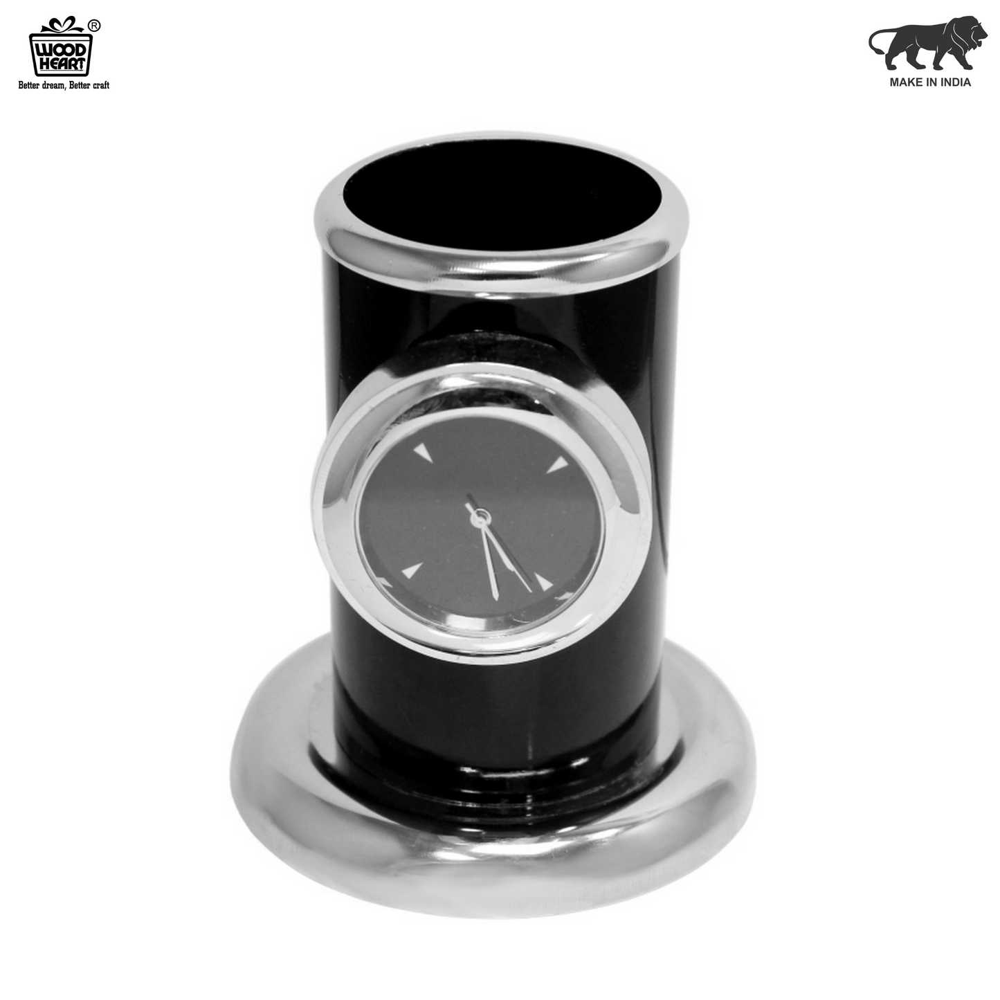 Wood Heart Black Pen Stand with Analog Clock
