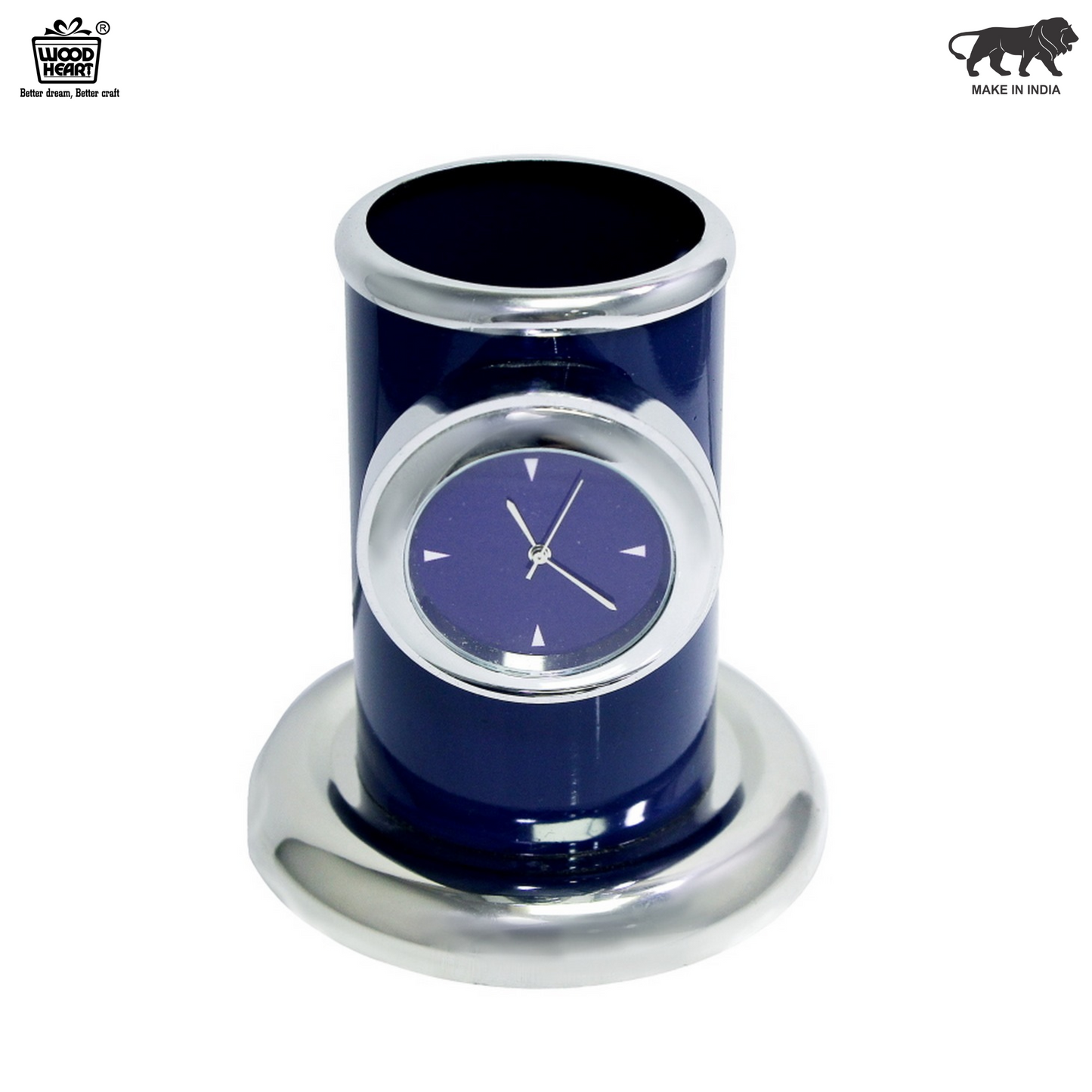 Wood Heart Blue Pen Stand with Analog Clock