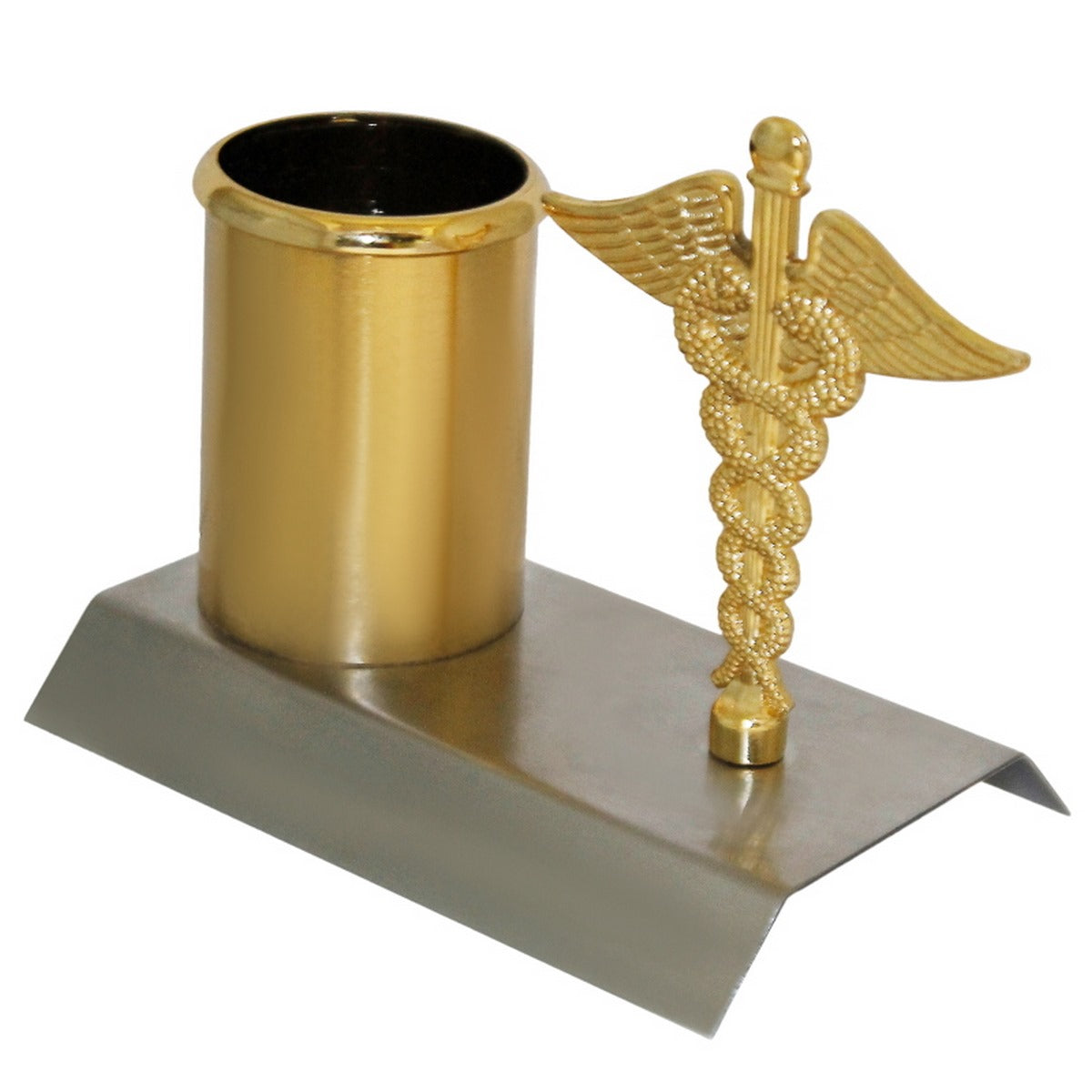 Wood Heart Doctor's Desk Pen Stand with Caduceus Emblem