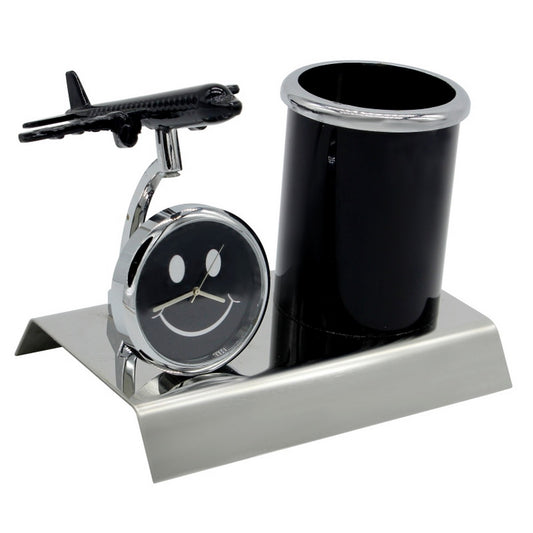 Wood Heart Airplane Clock & Pen Stand with Smiley Dial
