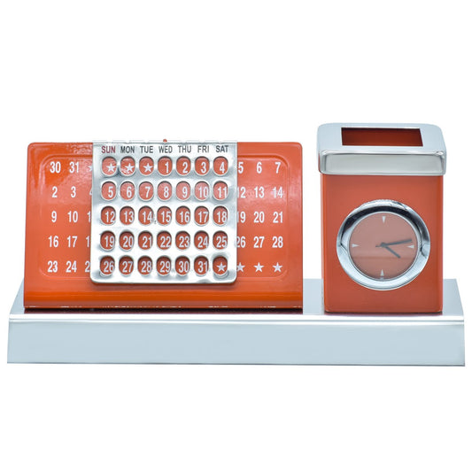 Wood Heart Desk Calendar with Clock & Pen Holder