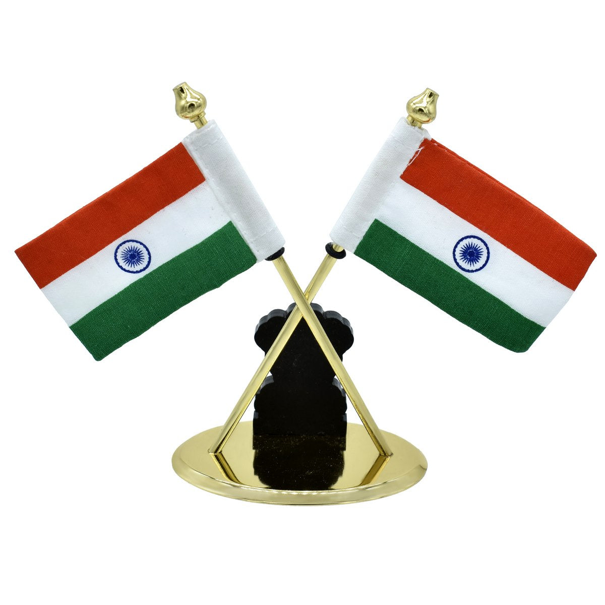 Twin Indian Flags with Ashoka Emblem – Golden Table Stand