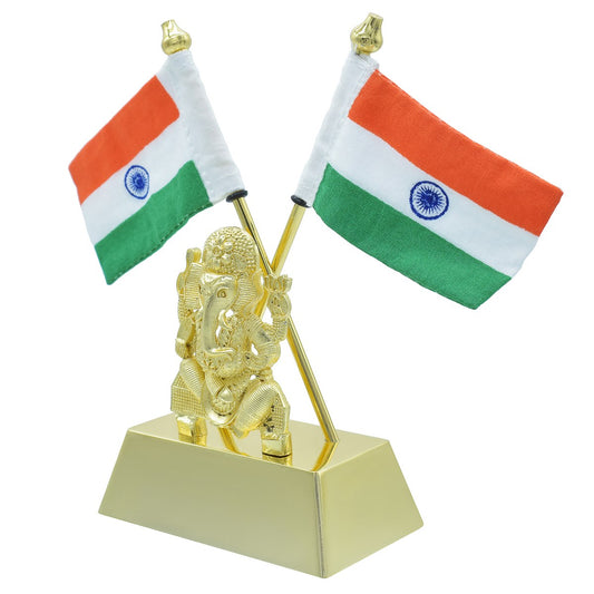 Dual Indian Flag Stand with Golden Lord Ganesha Idol – Gold Finish