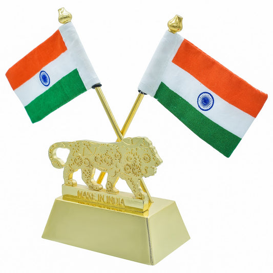 Dual Indian Flag with Make in India Lion Emblem – Gold Finish