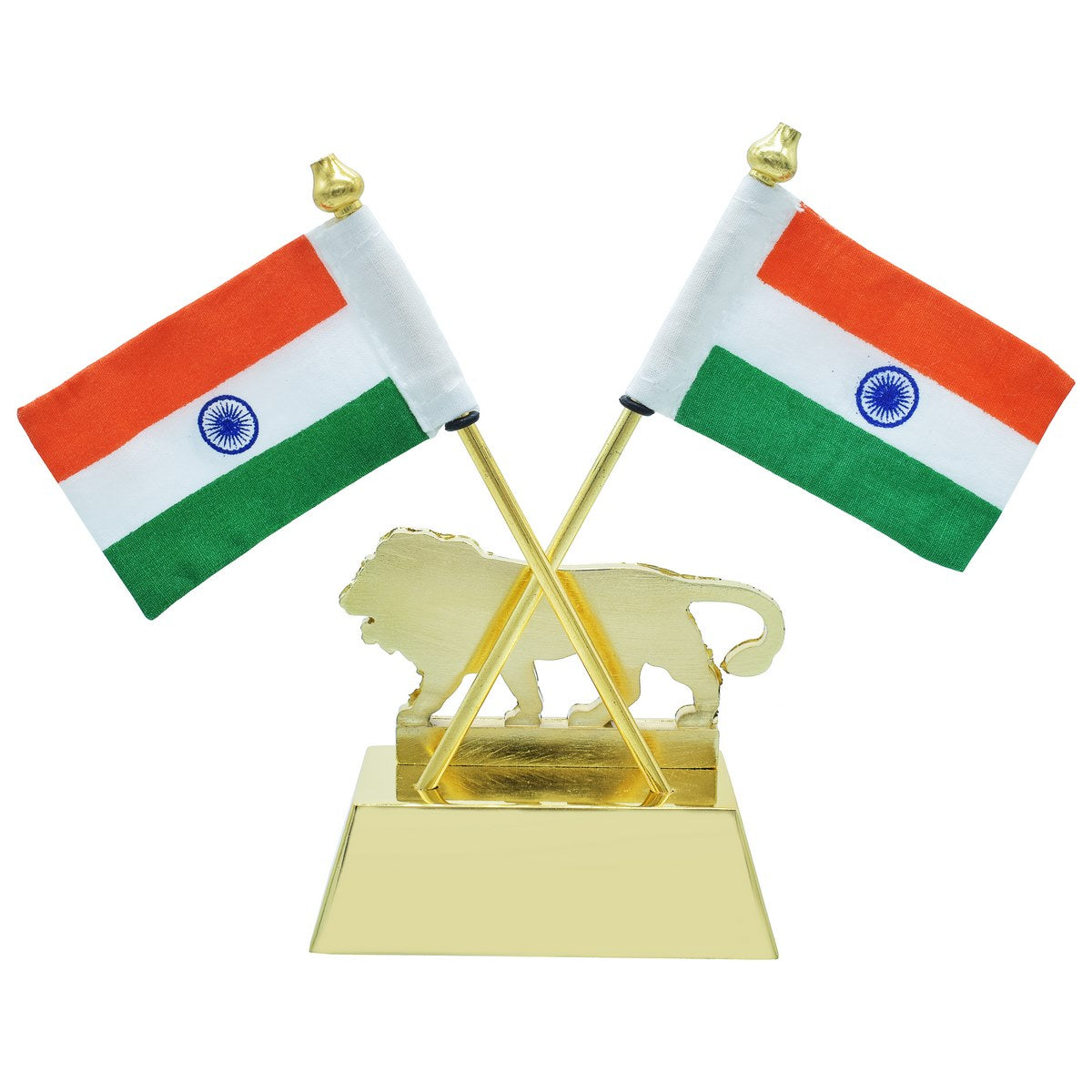 Dual Indian Flag with Make in India Lion Emblem – Gold Finish