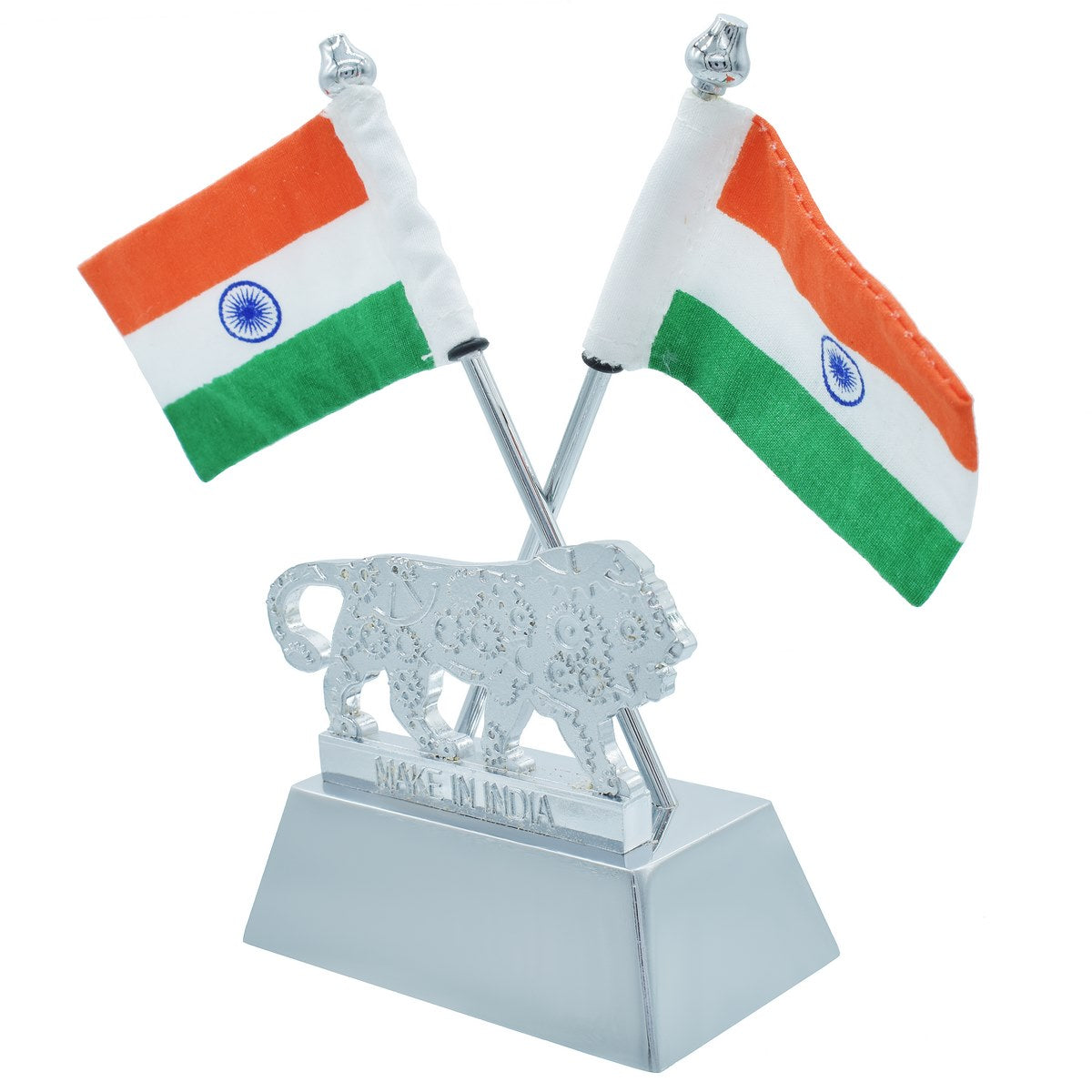 Dual Indian Flag with Make in India Lion Emblem – Silver Finish