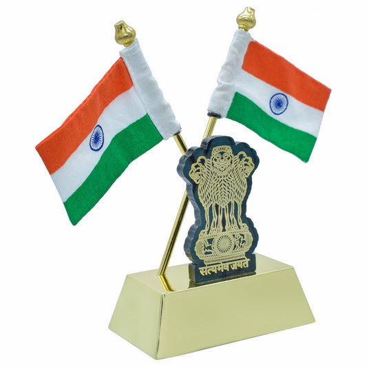 Dual Indian Flag with Ashoka Pillar Emblem – Gold Finish
