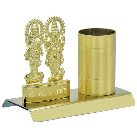 Wood Heart Lakshmi Ganesh Divine Pen Holder – Gold Finish