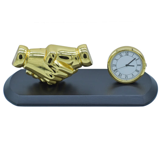 Golden Handshake Table Clock Showpiece – Black Wooden Base