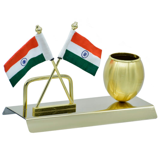 Dual Indian Flag Stand with Gold Pen Holder