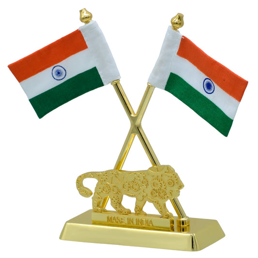 Dual Indian Flag Table Stand – Make in India Lion Edition (Gold Finish)
